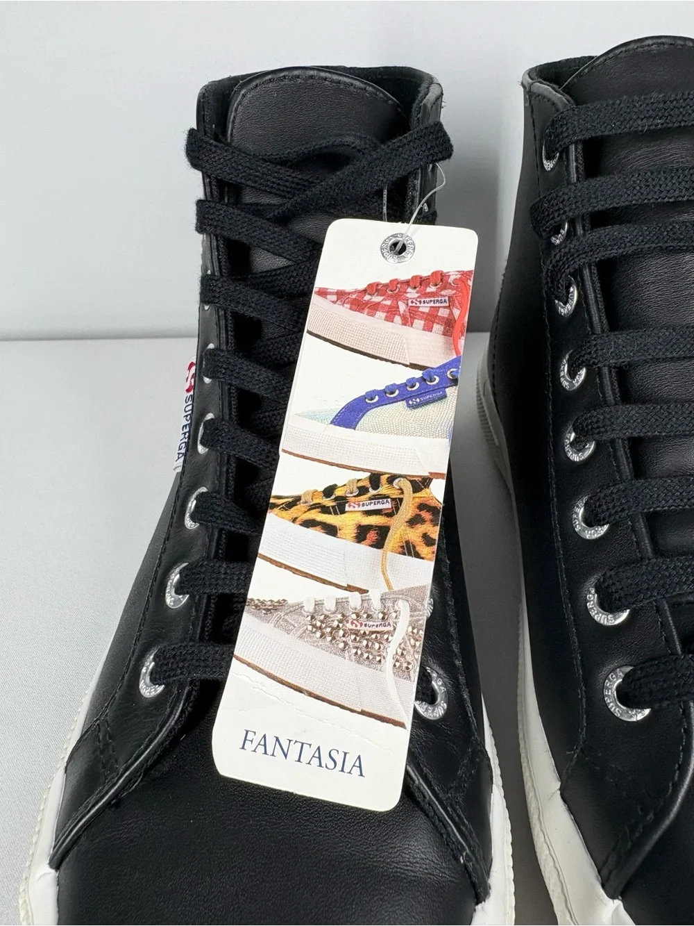 NWT Superga High-Top Black Leather Sneakers. Size 8.5 Women’s